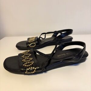 Laura Scott Faux Leather Slingback Open Toe Studded Wedge Sandals Black Womens 6